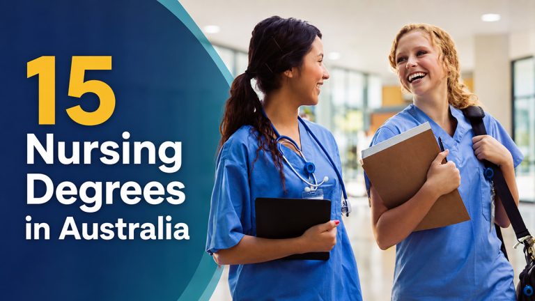 Two nursing students in blue scrubs with the text “15 Nursing Degrees in Australia”