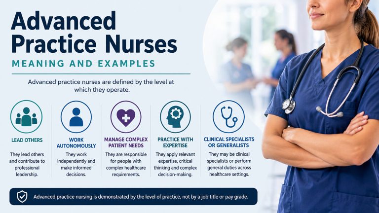 Advanced practice nurse infographic showing leadership, autonomy, complex patient care, clinical expertise and specialist or generalist roles