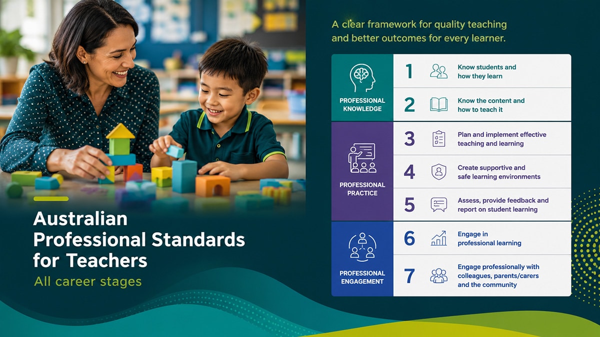 Teacher helping a student with classroom blocks beside a visual summary of the Australian Professional Standards for Teachers.