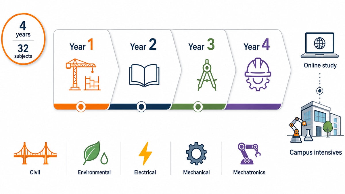 Vector infographic showing Deakin engineering course structure across four years, with 32 subjects, five majors, online study and campus intensives.