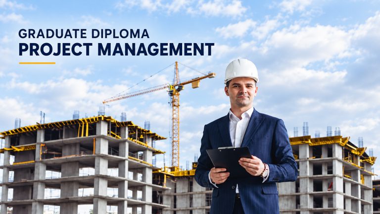 Project manager holding a tablet at a construction site under Graduate Diploma Project Management text