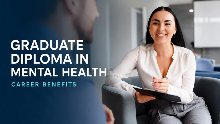 Mental health professional discussing care with a client, illustrating Graduate Diploma in Mental Health career benefits