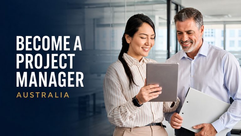 Two professionals reviewing a tablet with the words Become a Project Manager Australia