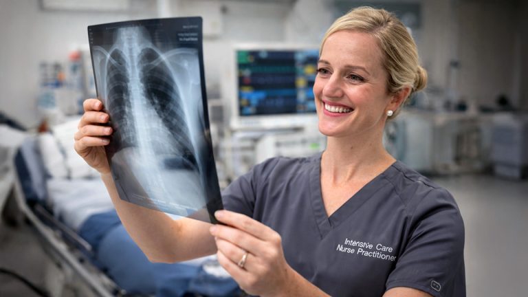 Intensive care nurse practitioner examining a chest X-ray in a hospital setting, demonstrating advanced clinical assessment and diagnostic decision-making