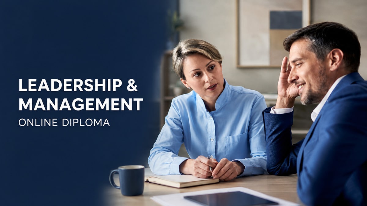 Two business professionals discussing leadership and management beside online diploma text