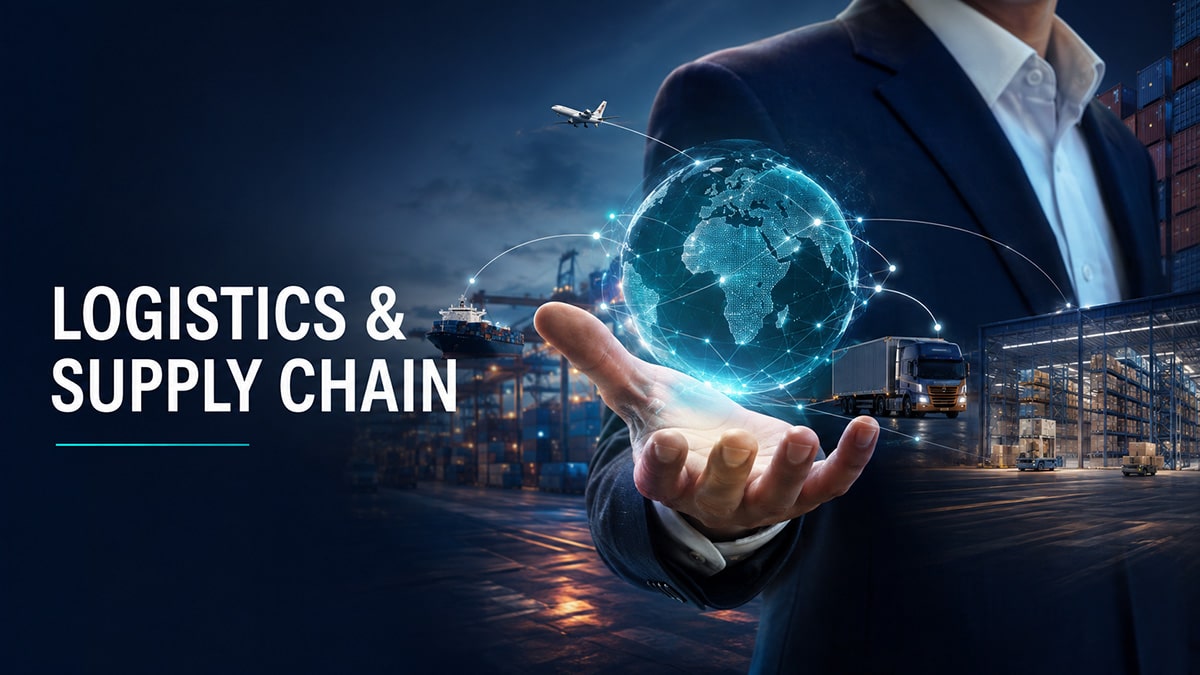 Logistics professional holding a digital globe connected to global shipping, air freight, trucking and warehousing networks