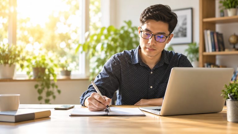 MBA student writing notes while studying on a laptop