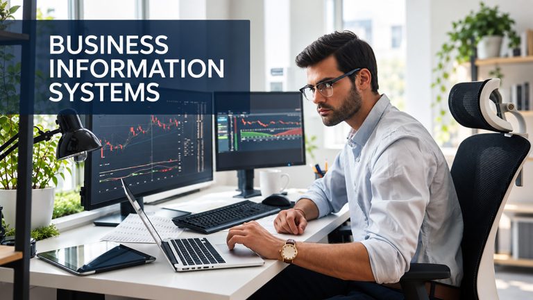Business information systems professional analysing data at a computer workstation