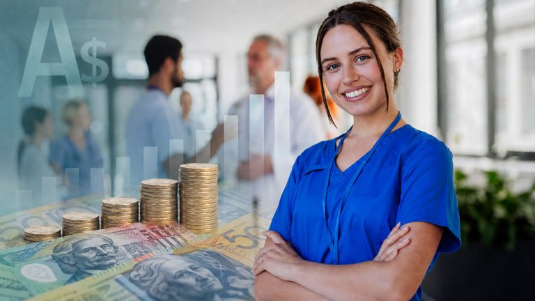 Australian nurse beside banknotes, coin stacks and rising salary bars