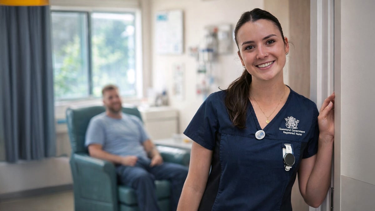 Mental health nurse in hospital corridor with patient in background, representing growing demand for psychological care