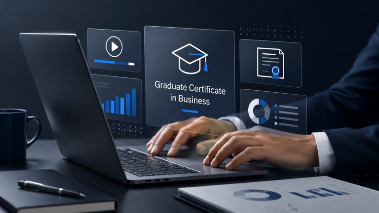 Professional using a laptop with online learning, business analytics and graduate certificate icons