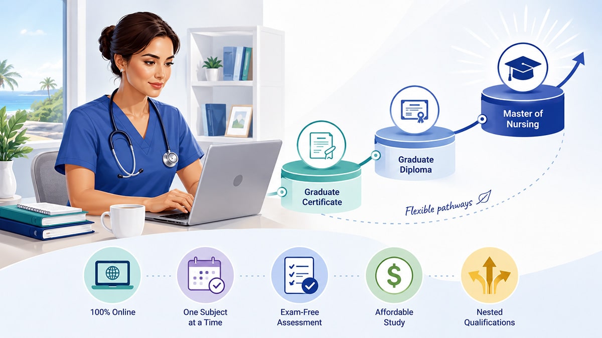 Nurse studying online with pathway icons for graduate certificate, graduate diploma, master’s degree, flexible study and exam-free assessment.