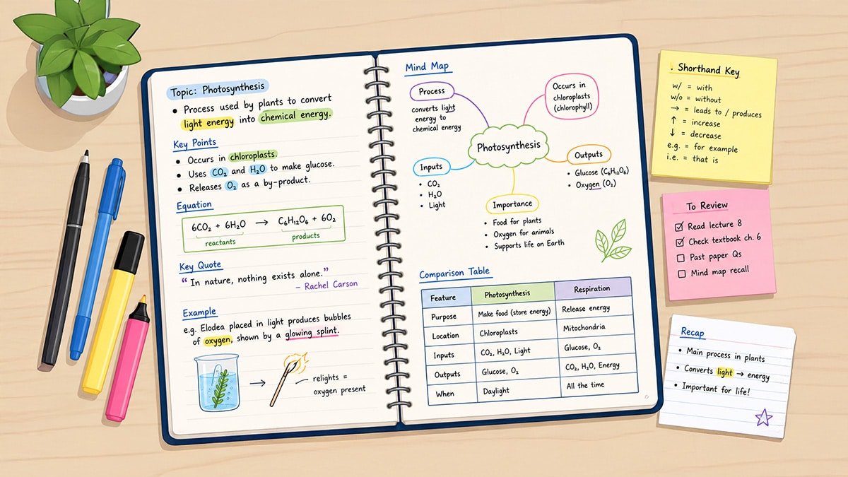Vector-style study desk with organised handwritten notes, mind maps, diagrams, highlighted key points, and color-coded revision materials.