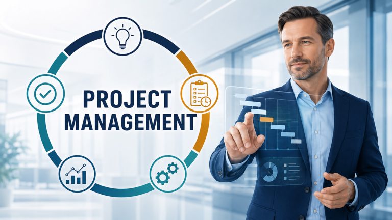 Project manager using a digital planning interface beside a five-stage project management cycle