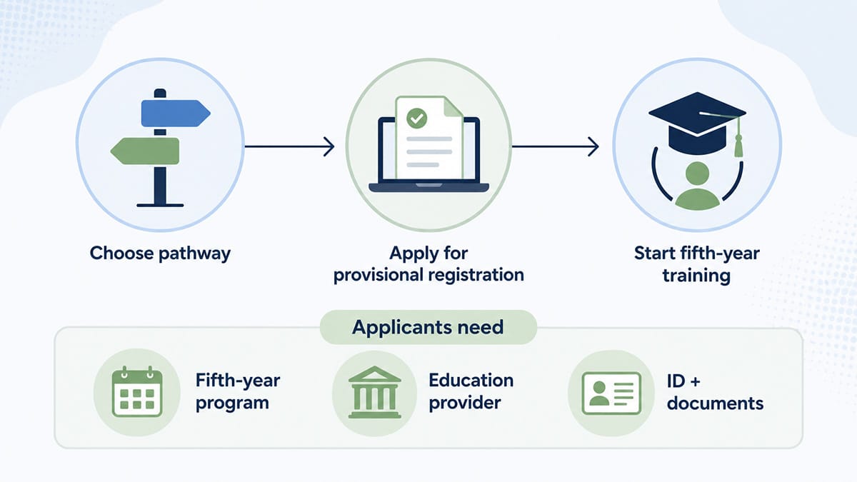 Vector infographic showing the steps from choosing a psychology training pathway to applying for provisional registration and starting fifth-year training.