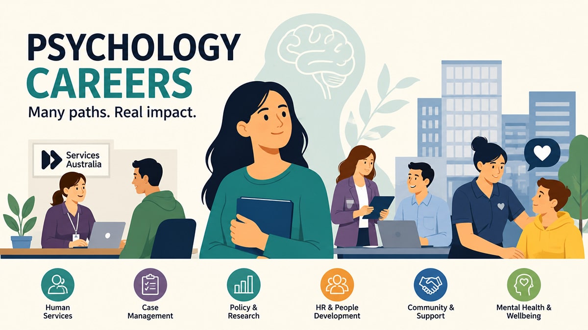 Vector illustration of psychology graduates working in government, community services, HR, and support roles including Services Australia and mental health services.