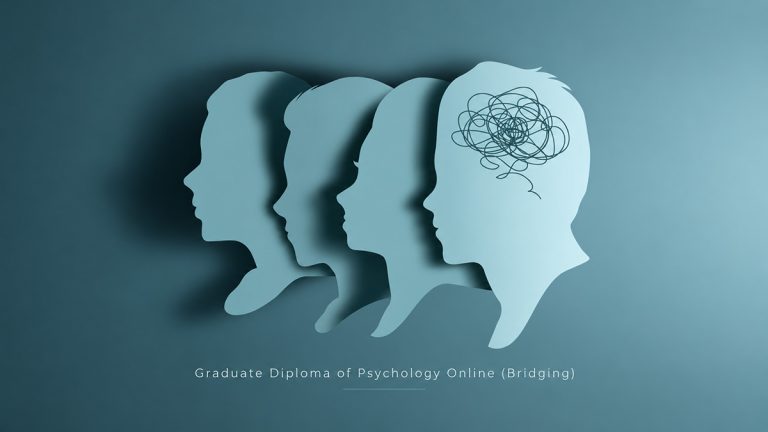 Layered blue profile silhouettes with a tangled thought pattern, captioned “Graduate Diploma of Psychology Online (Bridging)” for an online psychology bridging course.