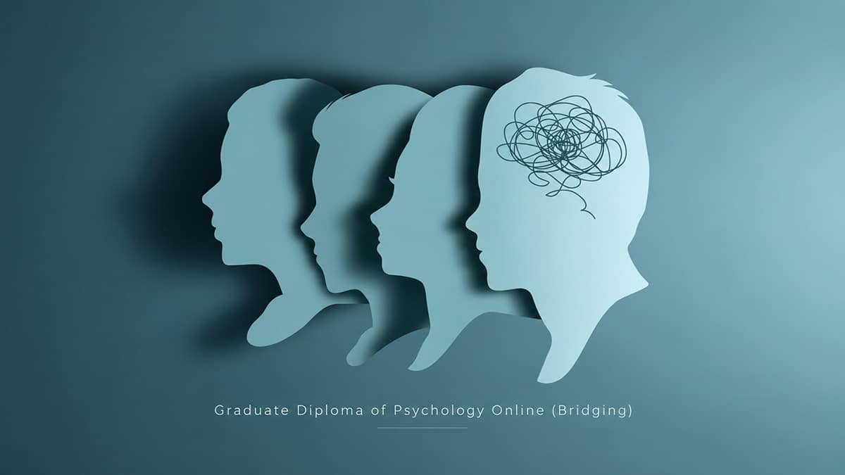Layered blue profile silhouettes with a tangled thought pattern, captioned “Graduate Diploma of Psychology Online (Bridging)” for an online psychology bridging course.