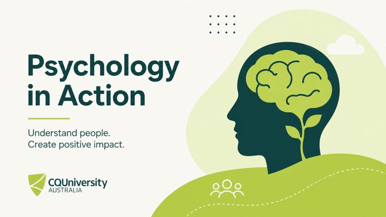 CQUniversity’s Bachelor of Psychological Science showing a human profile with a brain graphic and psychology-themed design elements.