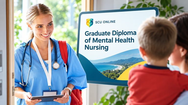 Mental health nurse visiting a family beside the SCU Online Graduate Diploma of Mental Health Nursing page