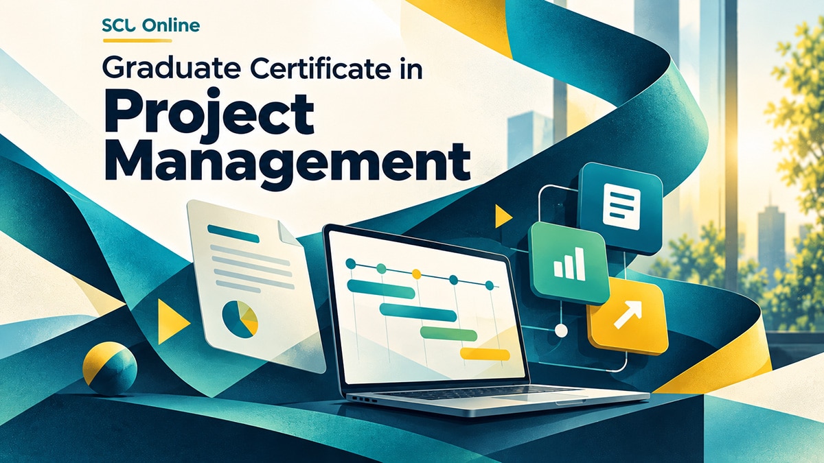 Stylised illustration of a laptop displaying a project timeline for SCU Online’s Graduate Certificate in Project Management.