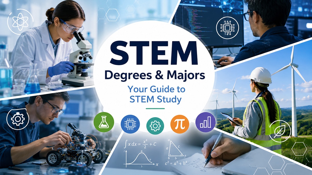 STEM degrees and majors shown through science, technology, engineering and mathematics study scenes.