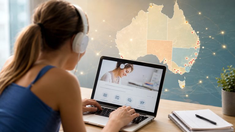 Woman wearing headphones studies online beside a map of Australia showing university locations and digital learning connections.