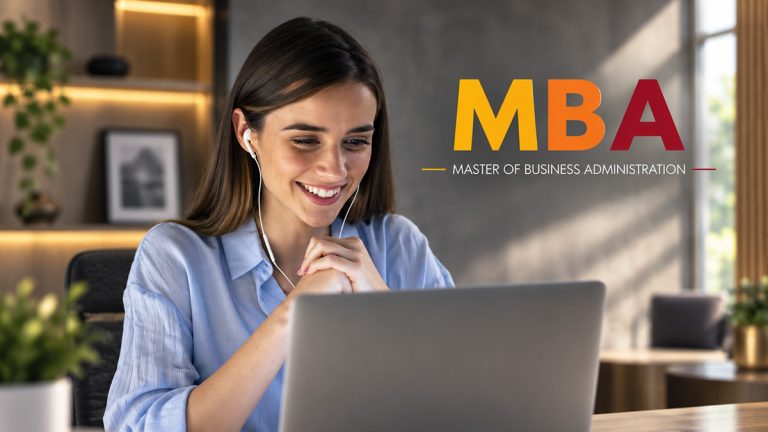 MBA student completing an online business degree on a laptop