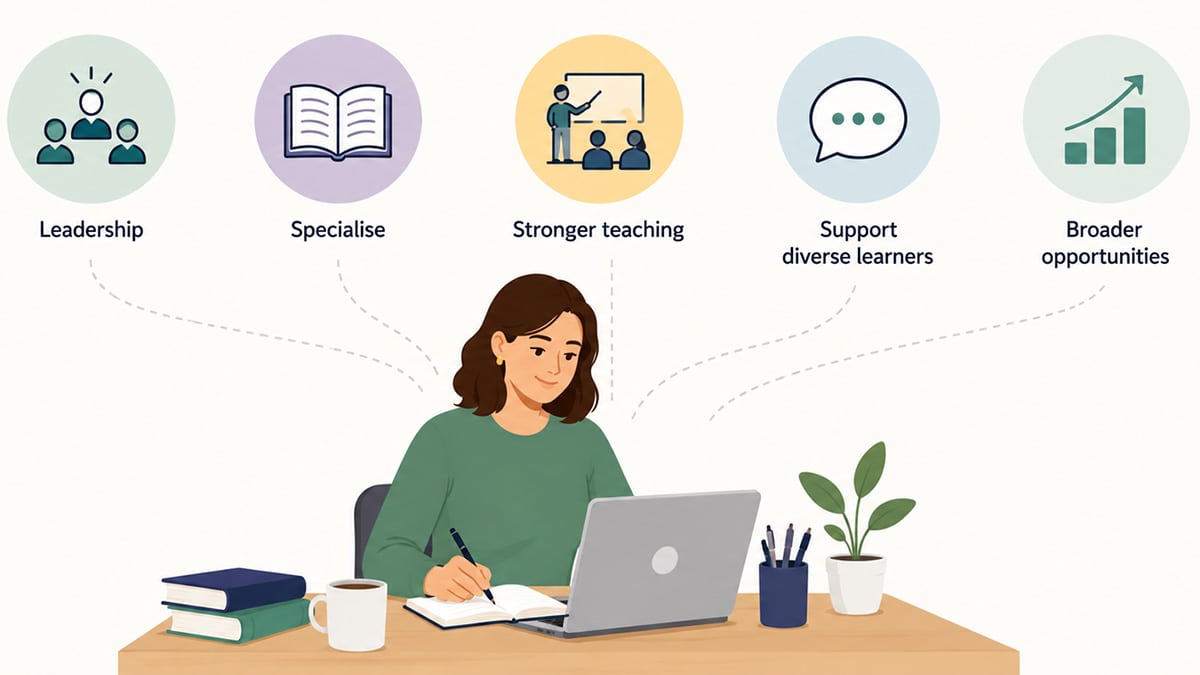 Vector illustration of a teacher studying online with icons representing leadership, specialist teaching, and broader school roles.