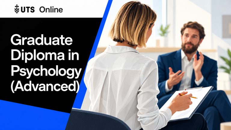 Woman taking notes during a consultation with a man beside the UTS Online Graduate Diploma in Psychology Advanced title.