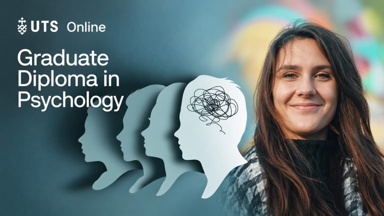 Layered head silhouettes and a woman in a UTS Online Graduate Diploma in Psychology banner.