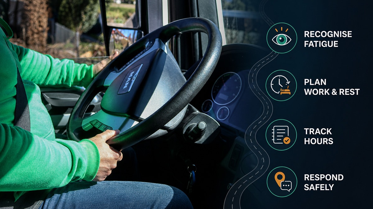 Truck driver with fatigue management training points for recognising fatigue, planning rest, tracking hours and responding safely