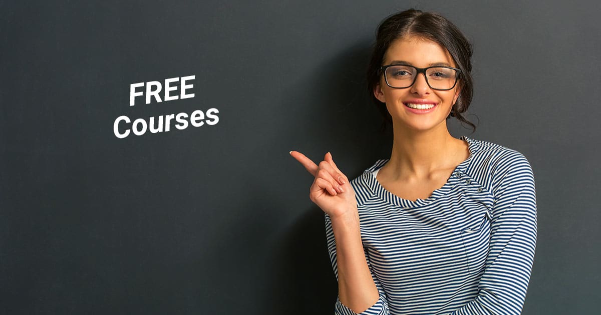 Young woman pointing to 'Free Courses" text on blackboard
