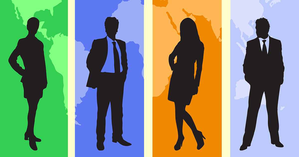 Silhouettes of business professionals with world map background