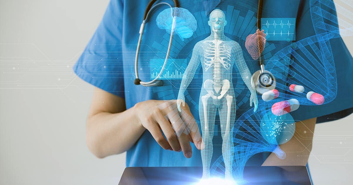 Digital figure of human skeleton in front of medical professional