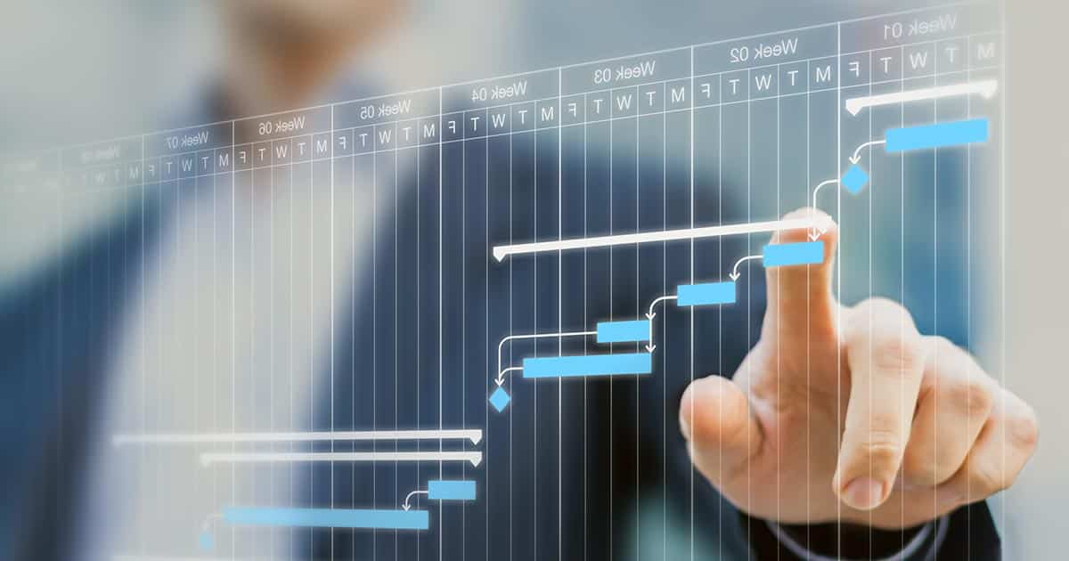 Male professional pointing to Gantt chart display