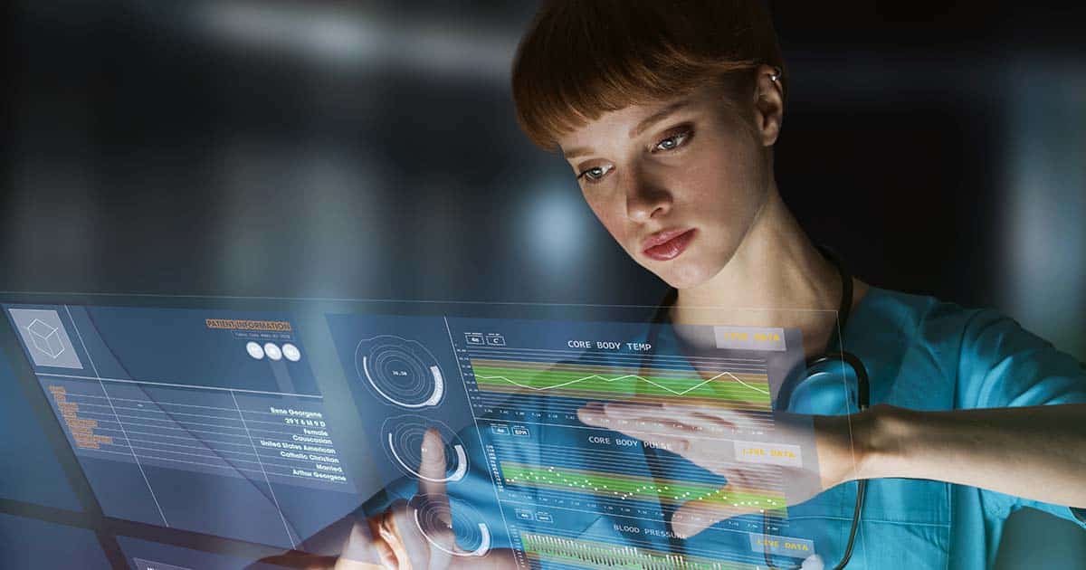 Woman engaging with computer interface