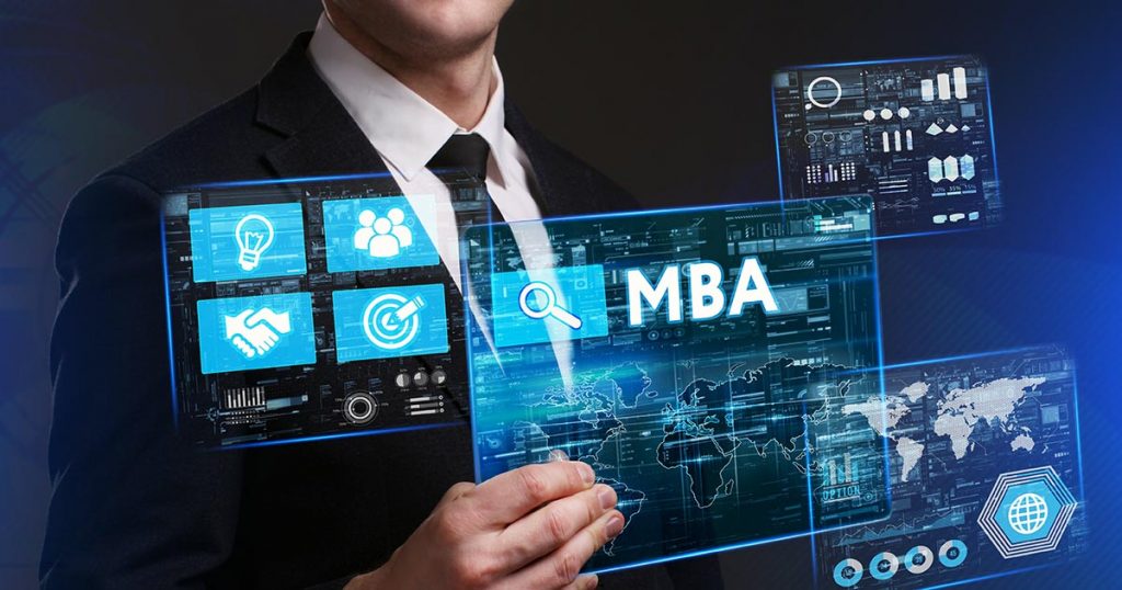 Businessman holding high-tech display showing MBA