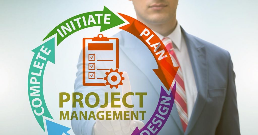 Project management stages of initate, plan, design, execute, complete