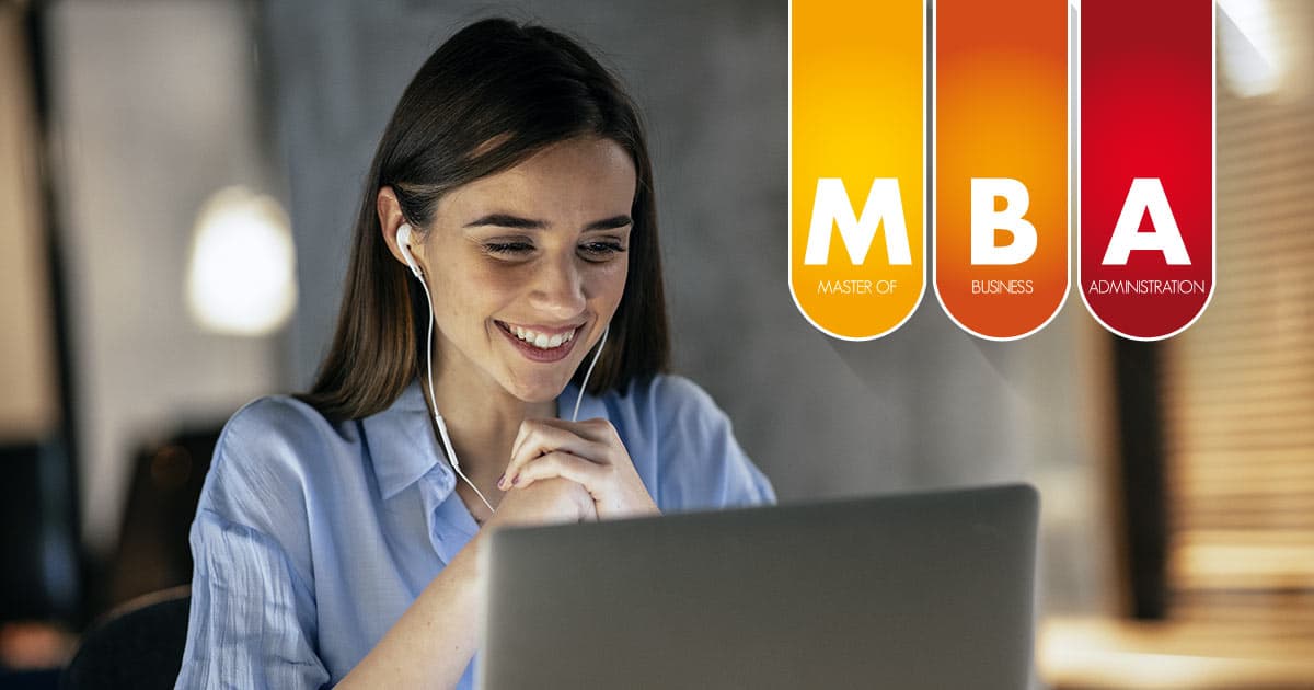 Smiling woman online with MBA graphics