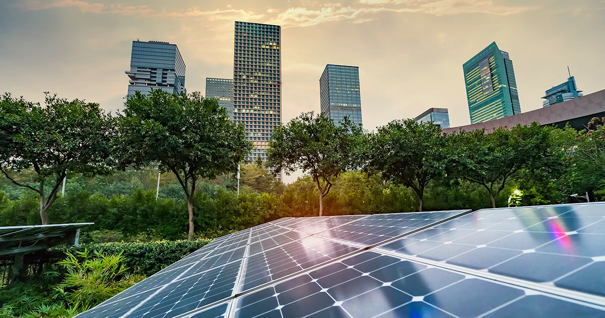 Solar panels in a green urban area