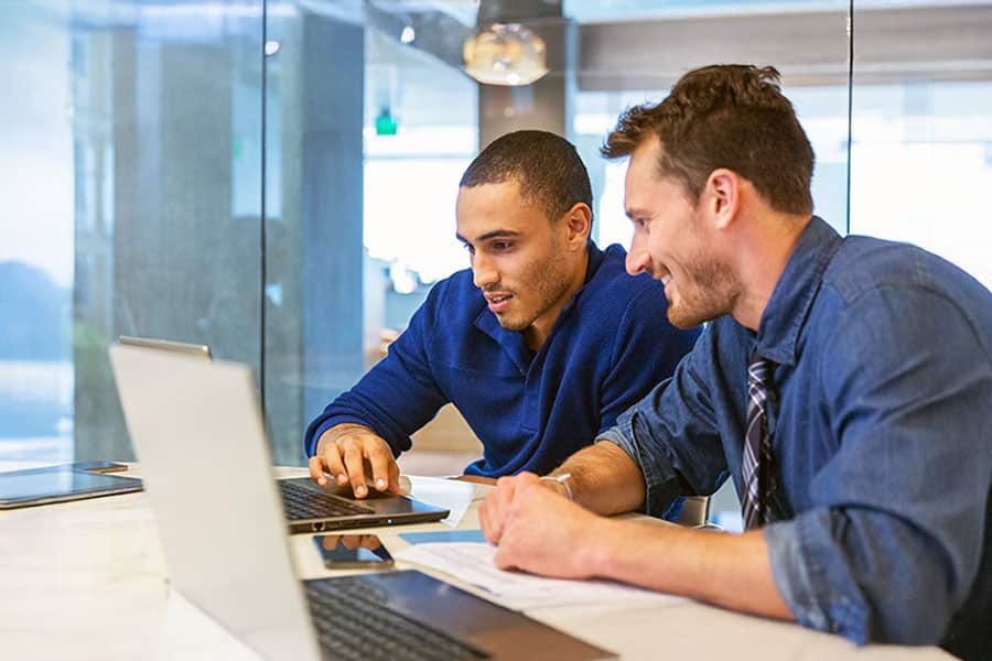 Two colleagues meeting using laptops