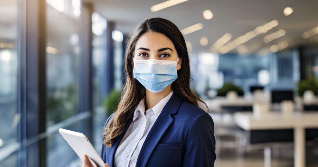 Young professional woman wearing mask holding computer tablet