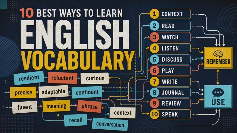 Ten English vocabulary learning methods connect example words with remembering them and using them in conversation.
