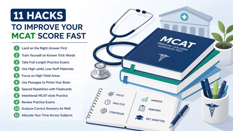 Vector infographic listing 11 MCAT study hacks beside medical textbooks, a stethoscope and admission symbols.