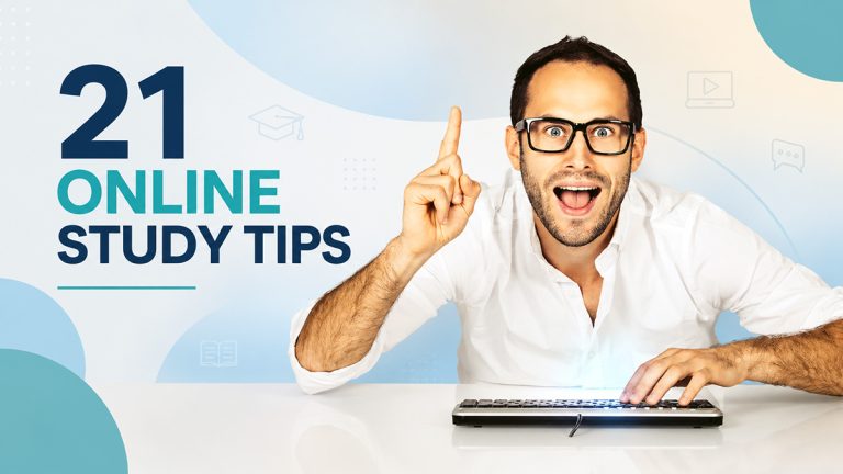 Online student at a keyboard sharing 21 online study tips