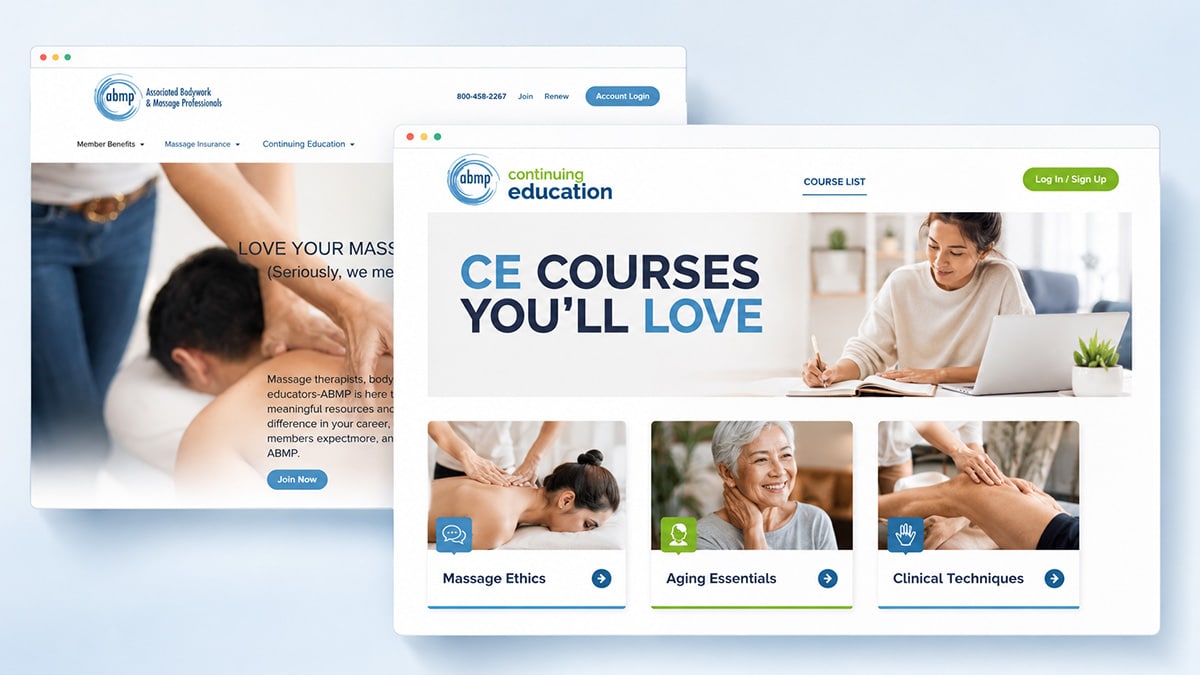 Stylised ABMP Continuing Education website showing online massage CE courses alongside the ABMP association homepage.