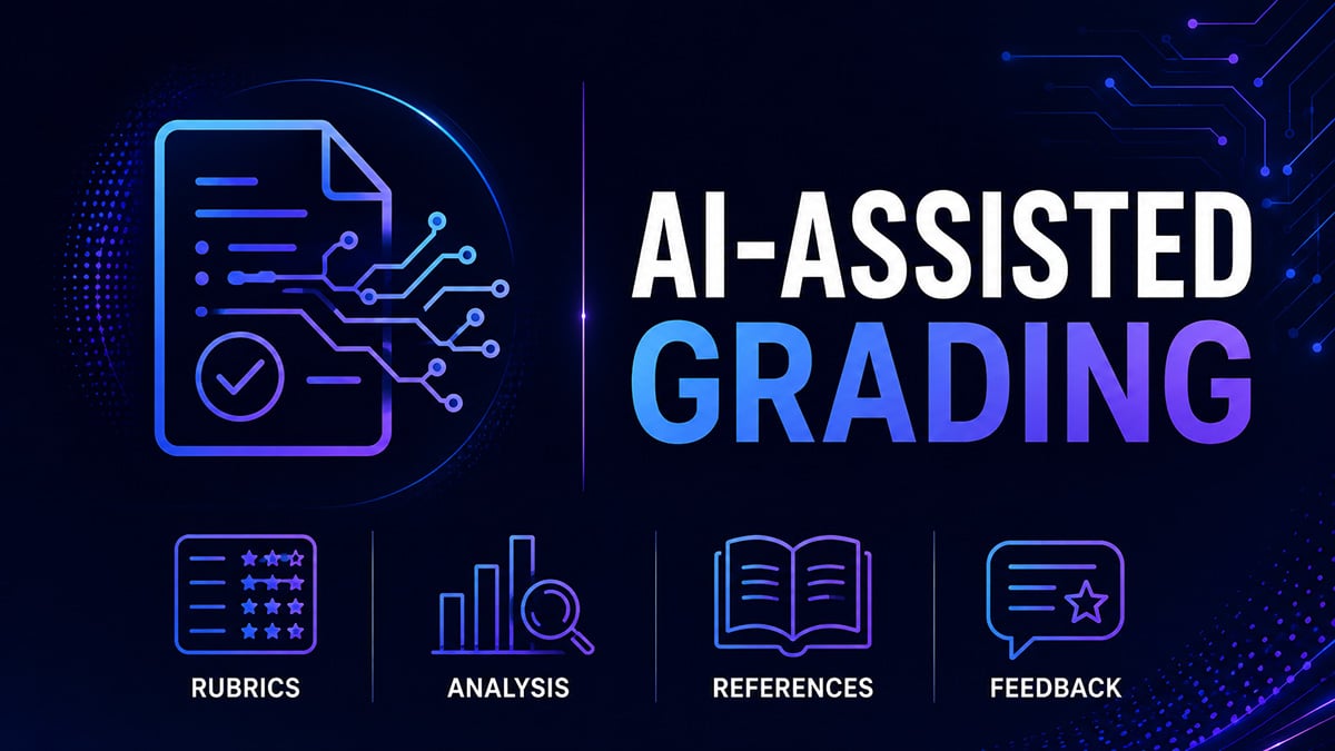 Stylised AI-assisted grading graphic showing rubrics, analysis, reference checks and feedback