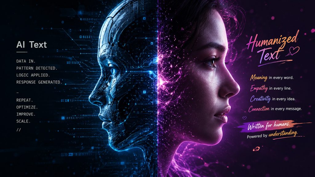 Split-face image showing robotic AI text on one side and colourful humanized writing on the other.