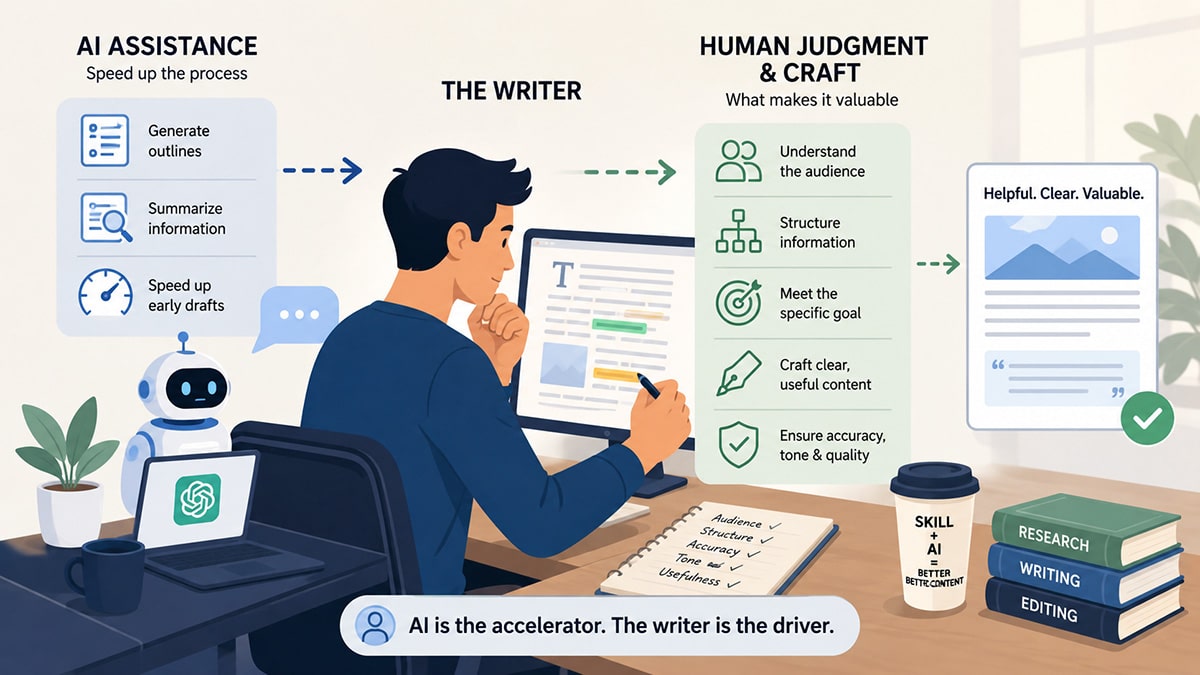 A content writer using AI tools for drafting and research while relying on human judgment, structure, editing, and writing skill to produce valuable content.